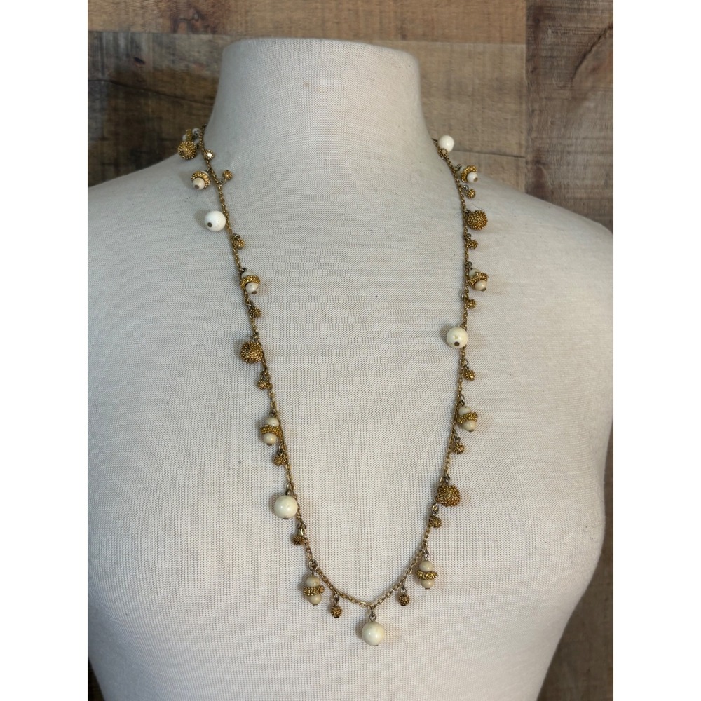 Gold Tone Station Necklace Cream Beads Textured Filigree Accents 30 Inch